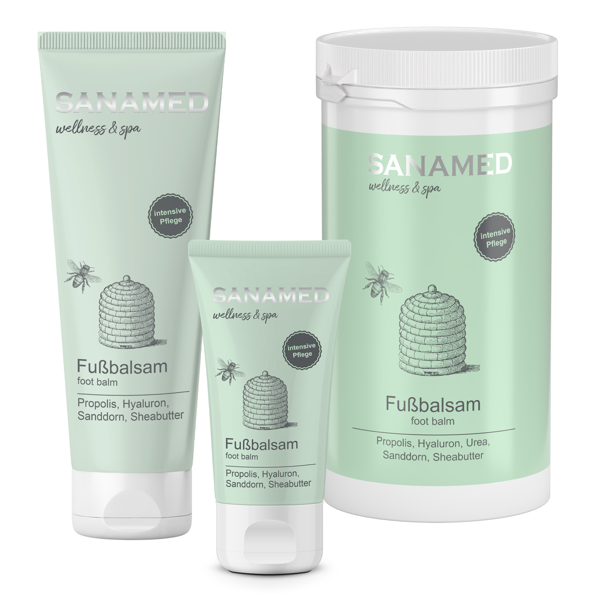 Sanamed Fußbalsam Propolis Hyaluron gruppe_CareMed01 Fußbalsam mit Propolis und Hyaluron